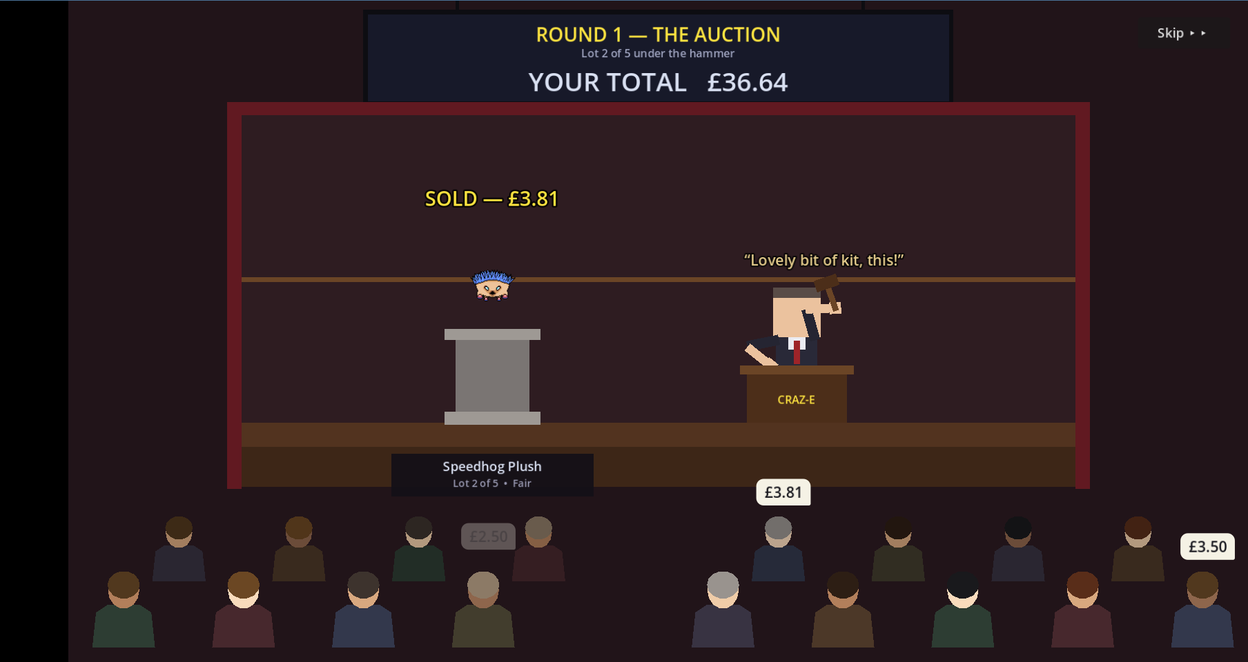 The auction round in Car Boot Crazy — the auctioneer brings a Speedhog plush under the hammer, sold to the crowd.