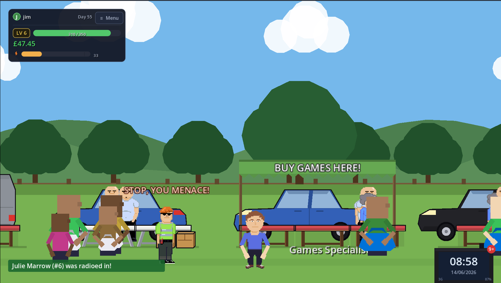 A hi-vis boot operator chasing a shoplifter at a games-specialist stall in Car Boot Crazy.